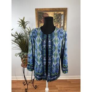 Joan Rivers Cardigan Jacket Women M Blue Green Damask Print 3/4 Sleeve Boho Luxe